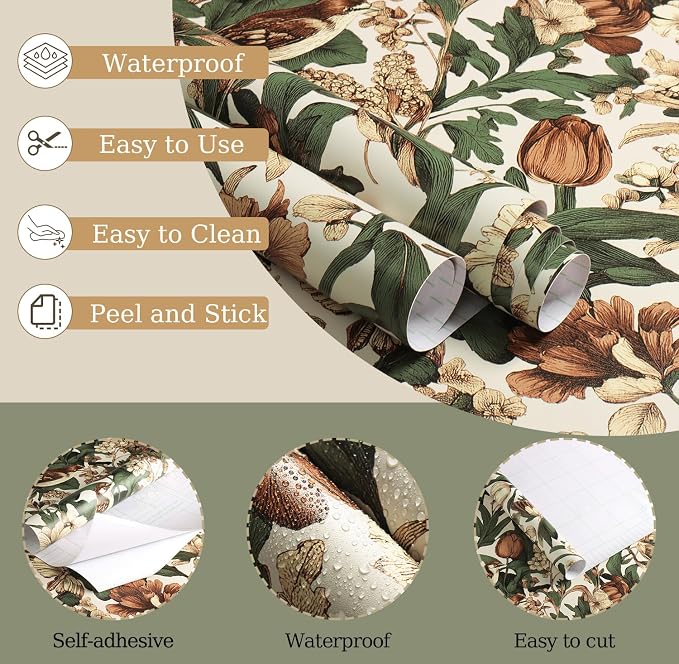 Erfoni 17.3" x118" Floral Birds Wallpaper Vintage Floral Peel and Stick - Image 5