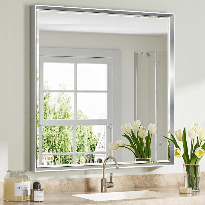 Silver Bathroom Mirror, 36x36 Inch Beveled Silver Square Mirror by QUEENFUN