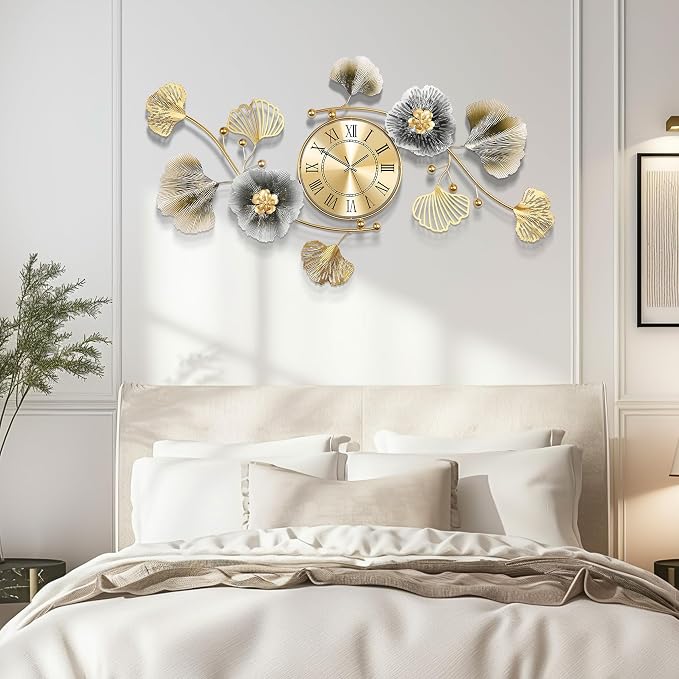 Wall Clocks for Living Room Decor, Large Wall Clock, 3D Creative Metal Ginkgo - Image 6