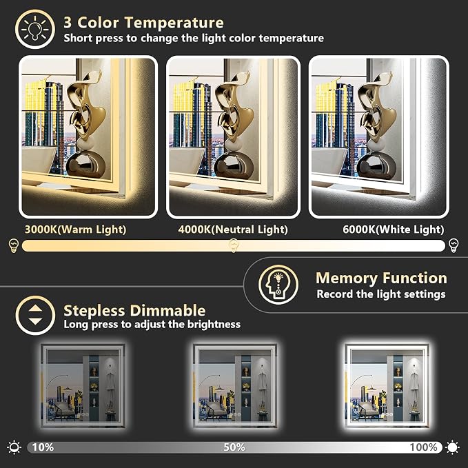 36x36 LED Bathroom Mirror with Lights, Backlit and Front Lit Anti-Fog Lighted - Image 4