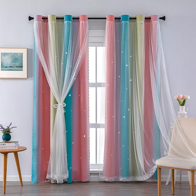 XiDi Curtains for Bedroom Decor, Rainbow Pink-Blue-34-90 by Addsomecolortolife