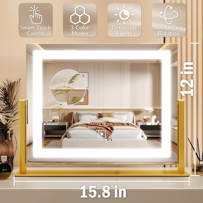 ROLOVE Gold Vanity Mirror with Lights 14x11 Inch, Lighted Makeup Mirror - Image 3