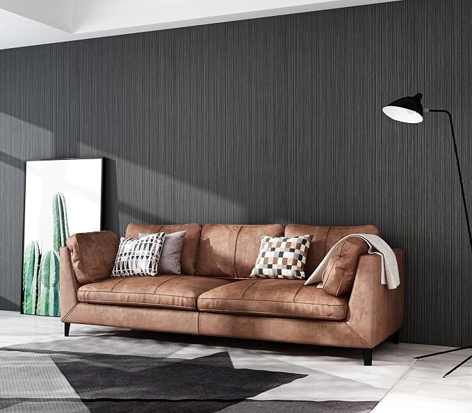 Black Grasscloth Wallpaper Peel and Stick Fabric Linen Textured 24"x394" - Image 7