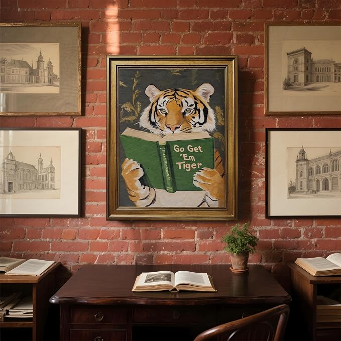 Vintage Gold Framed Wall Art Go Get Em Tiger Poster Funny Animal Reading Book - Image 5