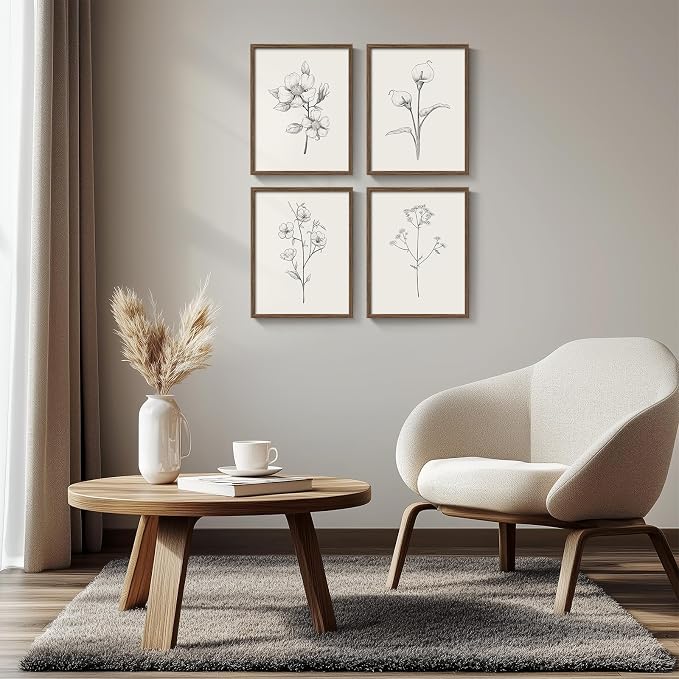 Vintage Floral Wall Art with Walnut Framed, 4 Piece Farmhouse Black and White - Image 5