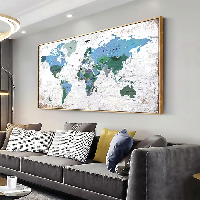 Framed Wall Art World Map Wall Art Canvas Picture 30inchx60inch Large Blue Map by ZEYDRT