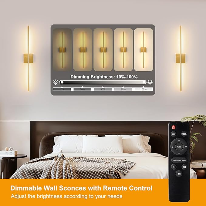 Morauroral 40″ Gold Battery Operated Wall Sconces Set of Two, Dimmable Wall - Image 3
