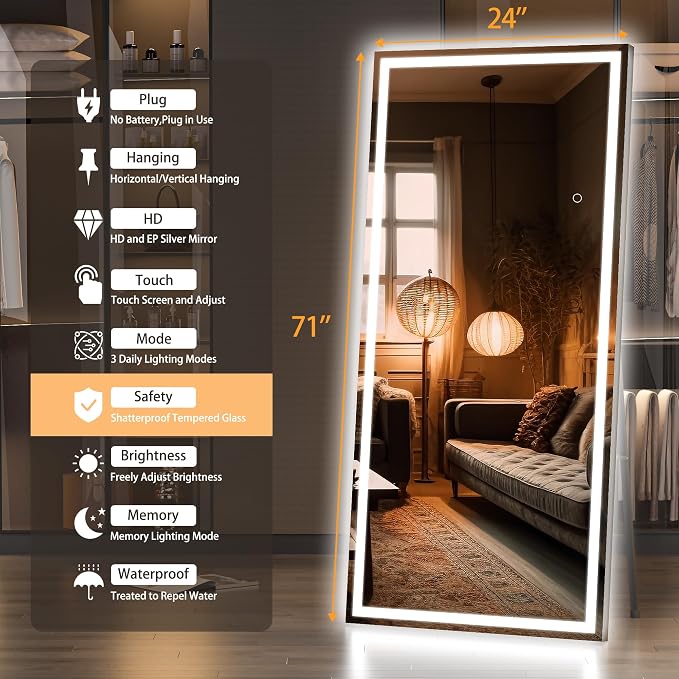 Hasipu Full Length Mirror with Lights, Full Body Dressing Hanging Mounted Mirror - Image 2