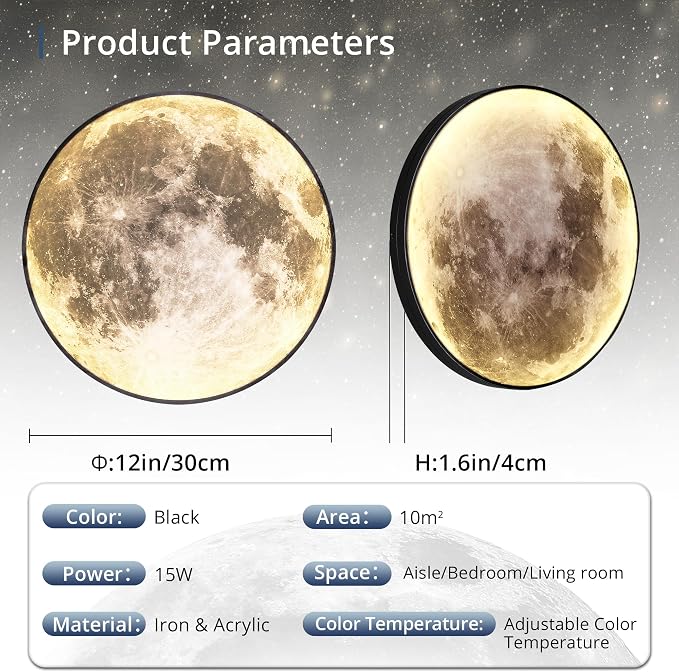 Dimmable Moon Wall Light 12 inch Wall Lights - Image 4