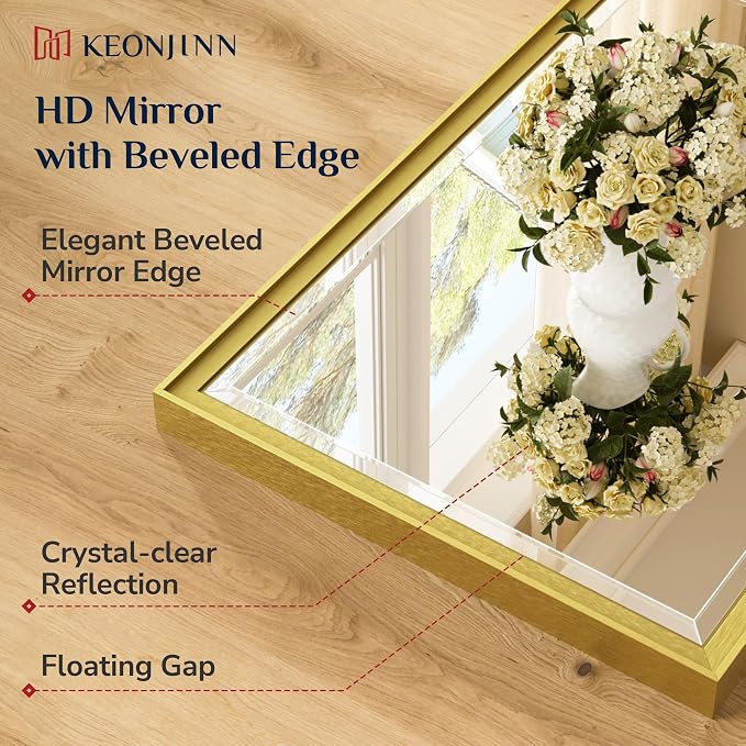 Keonjinn 72" x 36" Gold Bathroom Mirror, Decorative Metal Frame, Safe Beveled - Image 4