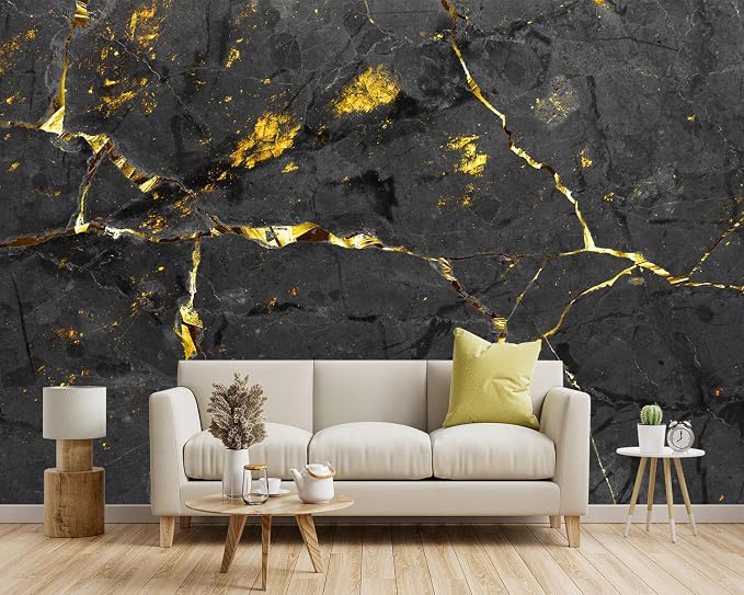 -Black and Gold Marbled Fabric Wallpaper Dark Abstraction Art Living Room - Image 2