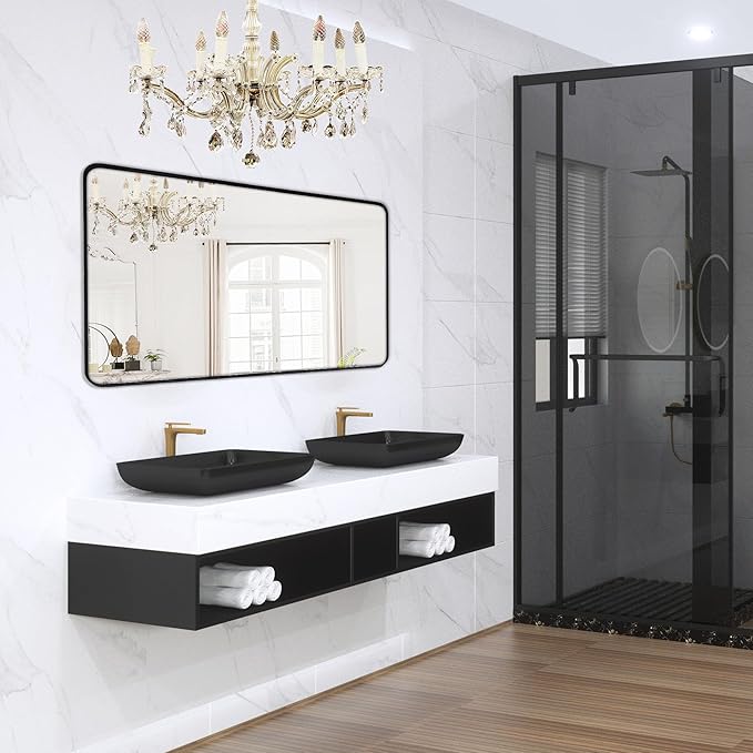 Wall Mount Mirror for Bathroom, Brushed Black Metal Framed Large Rounded Corner by Minuover