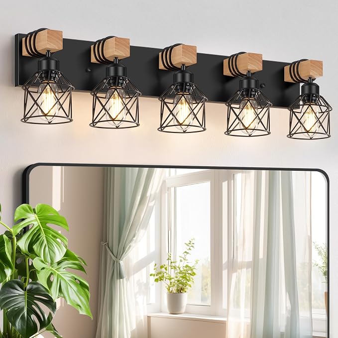 FadimiKoo 5-Light Wooden Black Bathroom Light Fixtures, Rustic Style Vanity by FadimiKoo