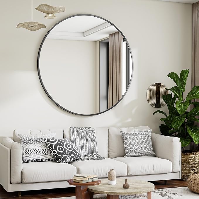 VooBang Large Black Round Bathroom Mirror, 48 inch Circle Wall Mounted Hanging - Image 2