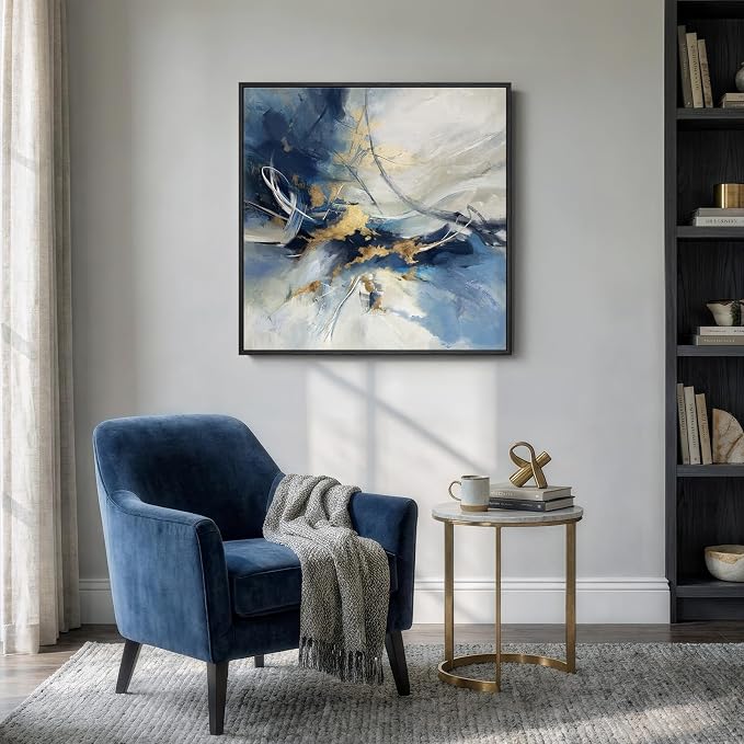 Framed Abstract Wall Art, Modern Blue White Gold Canvas Prints Artwork - Image 4