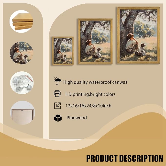 Wood Framed Canvas Wall Art, Vintage Boy and Dog Painting Poster, Countryside - Image 3
