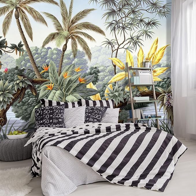 -Tropical Botanical Palm Leaf Fabric Wallpaper Living Room Bedroom Bathroom by YIHWM-PurchaseNow