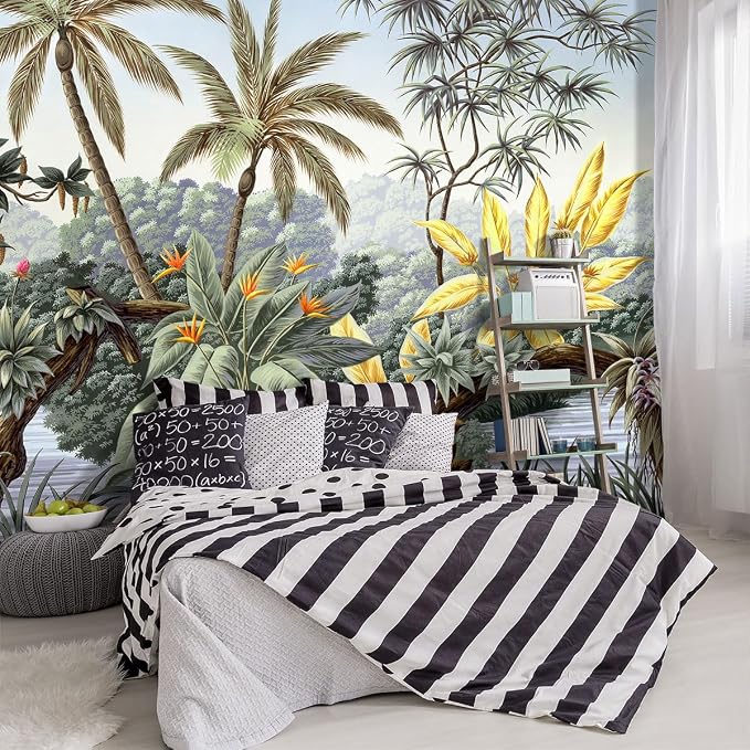-Tropical Botanical Palm Leaf Fabric Wallpaper Living Room Bedroom Bathroom by YIHWM-PurchaseNow