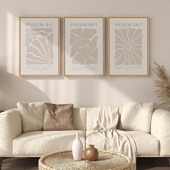 Framed Christian Wall Art Set of 3, Neutral Psalm Scripture Canvas Prints - Image 2