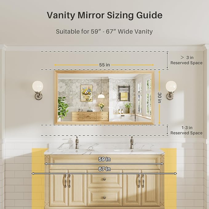 55x30 Inch Bathroom Mirror for Wall, Anti-Rust Oak Wood Grain Metal Framed - Image 2