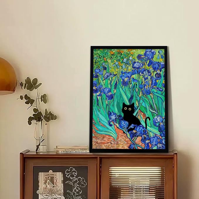 Fantasy Artists Van Gogh Irises Cat Wall Art, Framed Vintage Garden Canvas Wall - Image 3