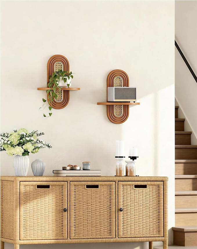 Floating Shelves for Wall, Boho Home Wall Decor, Rattan Plant Shelf Set of 2 - Image 9
