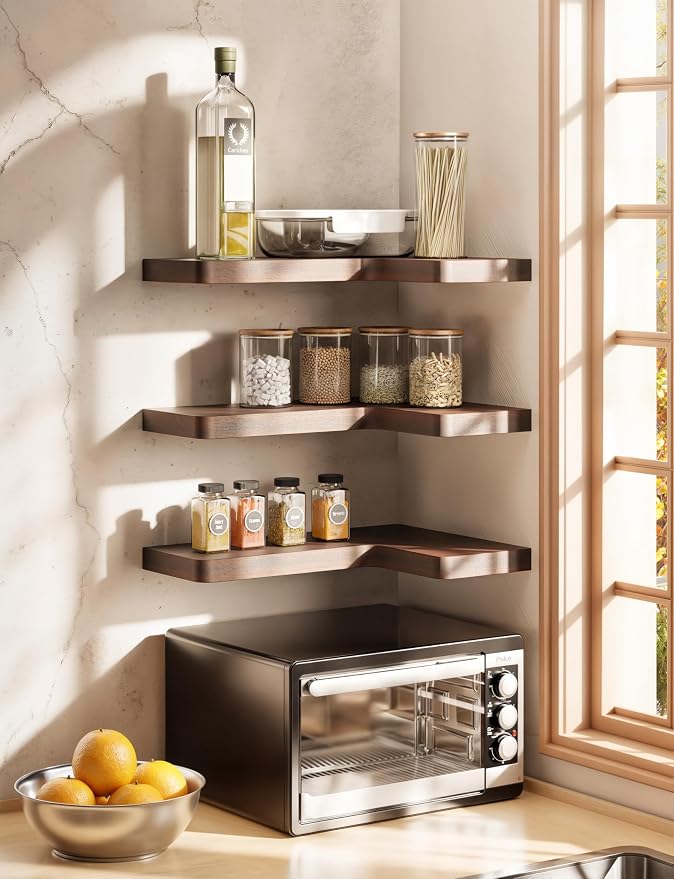 BATODA Acacia Wood Corner Floating Shelf 17” x 12”- Corner Shelf Wall Mounted - Image 6