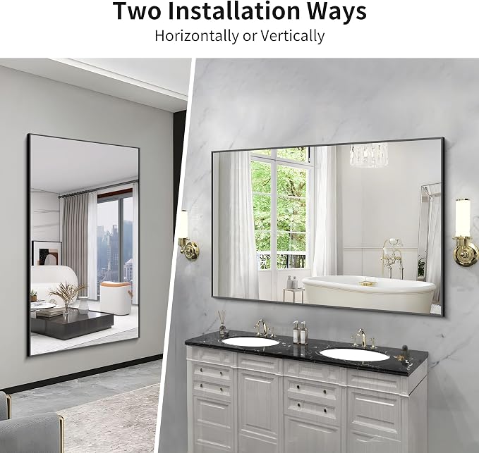 KOCUUY 60x40 Inch Large Black Wall Mounted Mirror, Aluminum Framed Decorative - Image 7