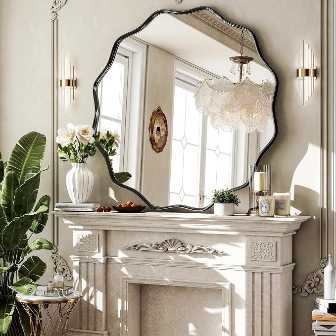 VooBang Black Scalloped Circle Mirror, Hanging Leaning by VooBang