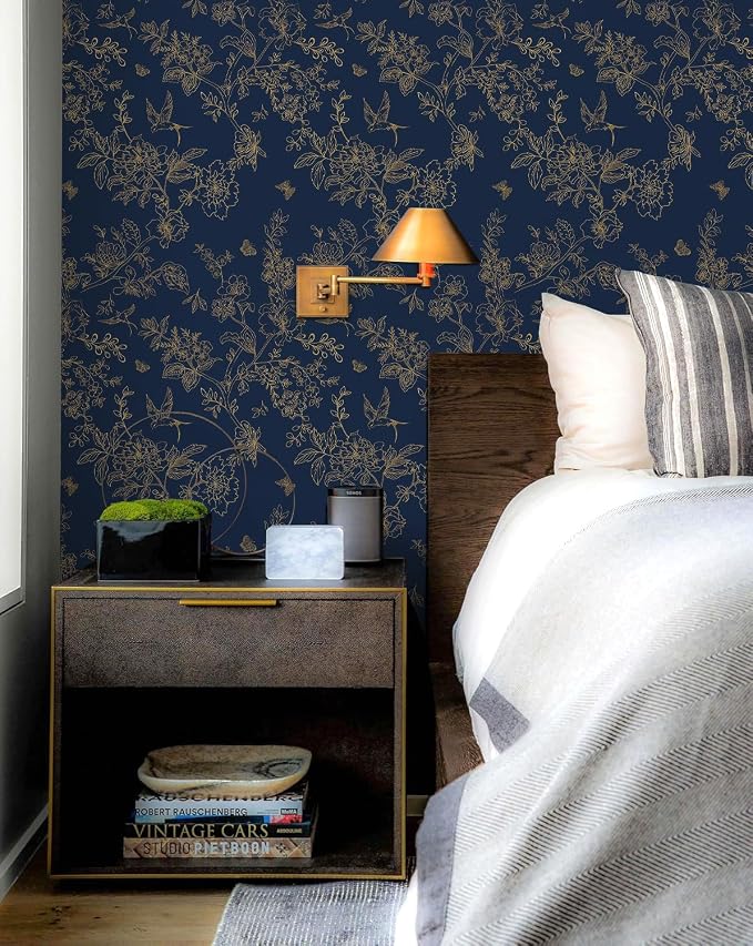 Froluya Dark Blue and Gold Vintage Floral Peel and Stick Wallpaper 17.7"x196.8" - Image 2