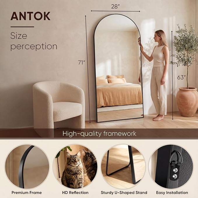 Antok 71" x28” Arched Full Length Floor Mirror, Free Standing/Wall Mount/Leaning - Image 3