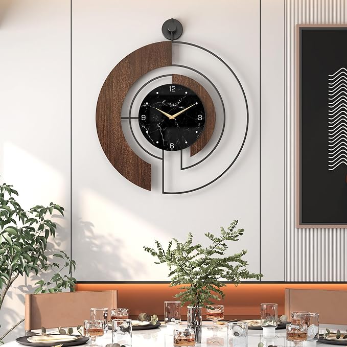 Modern Walnut Marble Dial Wall Clock, Large Wood Metal Frame Silent Non Ticking by VIVIFLYSE