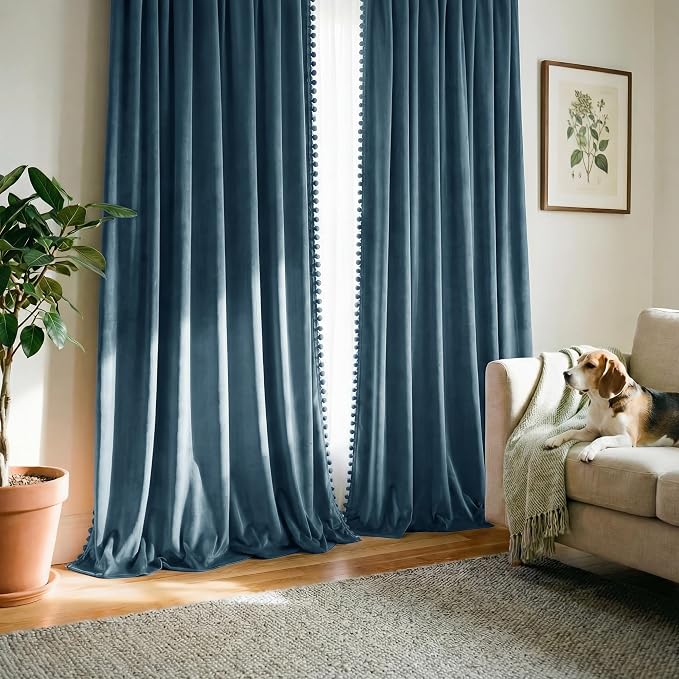NICETOWN Slate Blue Velvet Curtains 84 Inch Length – Pom Pom Room Darkening - Image 7