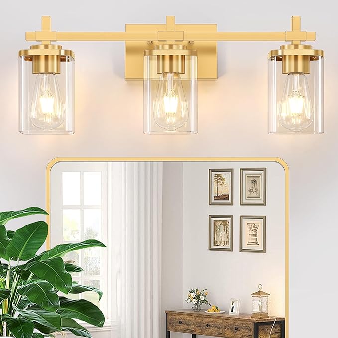 3-Lights Gold Bathroom Light Fixtures, Bathroom Vanity Light Over Mirror by Spiglamm