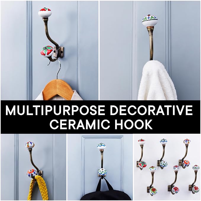 Indian Shelf Pack of 6 Heavy Duty Double Prong Multicolor Decorative Coat Hooks - Image 6