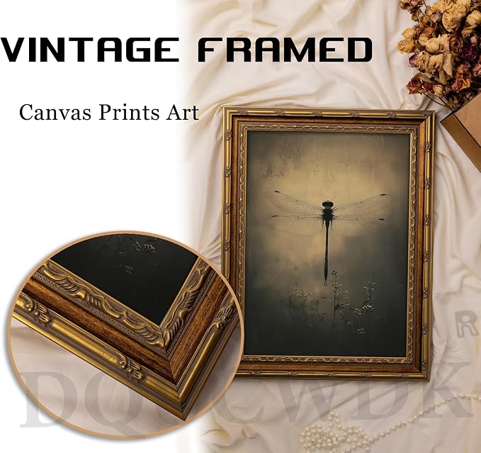 Vintage Gold Framed Wall Art Retro Dark Dragonfly Painting Canvas Prints Gothic - Image 4