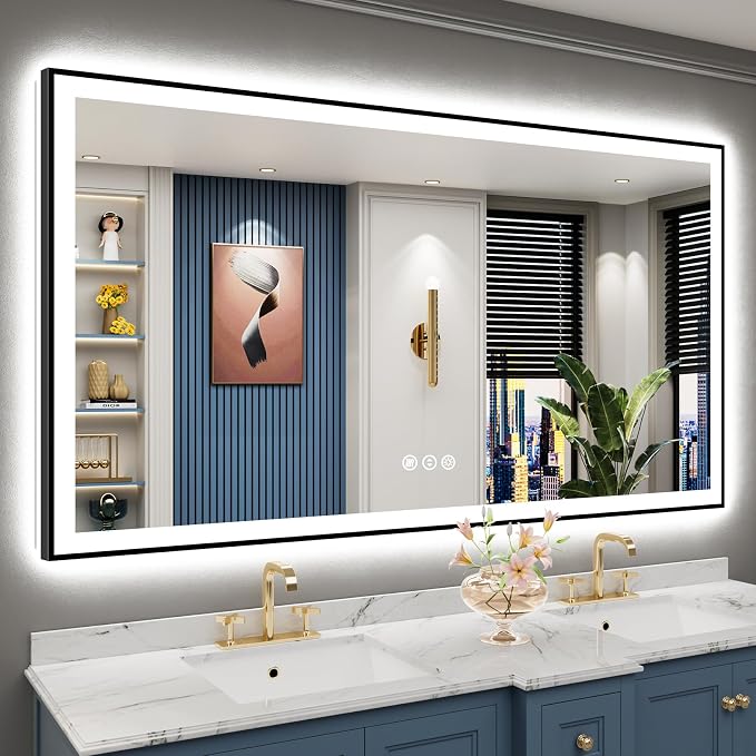 68x38 Black Framed LED Bathroom Mirror by Awandee