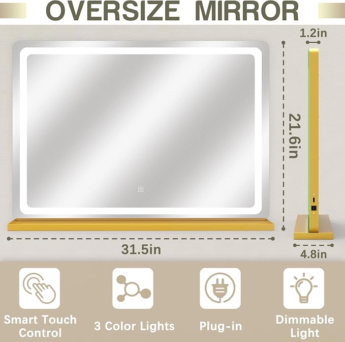 ROLOVE Gold Vanity Mirror with Lights, LED Makeup Mirror, USB Charging Port - Image 3