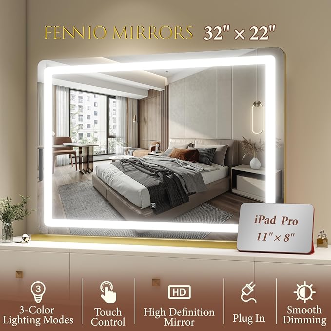 FENNIO Vanity Mirror with Lights 32"x22", Lighted Makeup Mirror, Large Vanity - Image 5