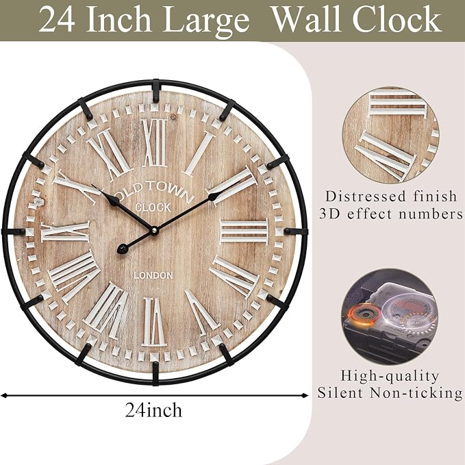 EMAX HOME 24 Inch Large Farmhouse Wall Clock, Rustic Antique Wood - Image 3