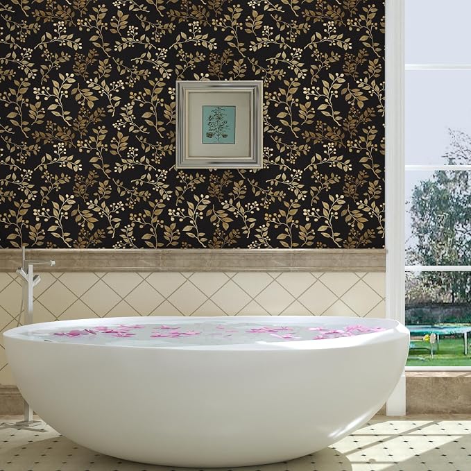 Dark Floral Peel and Stick Wallpaper, Vintage Gold Leaf Self-Adhesive Contact - Image 3