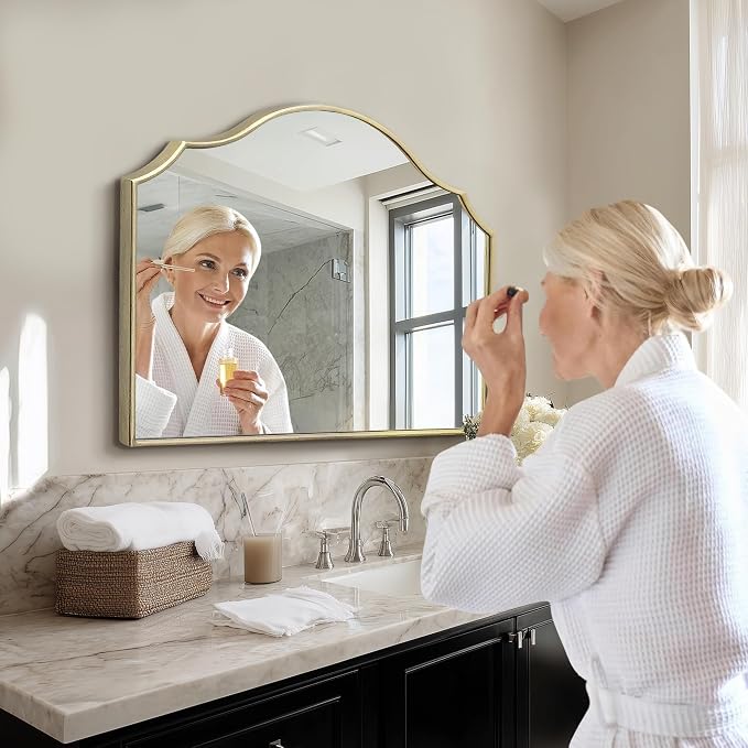 Besdomus Gold Scalloped Mirror for Vanity: 32"x24" Modern Minimalist Wooden - Image 4