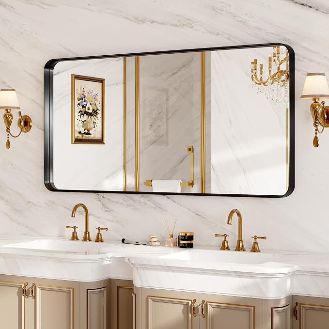 60X28 Inch Black Metal Framed Bathroom Mirror - Image 8