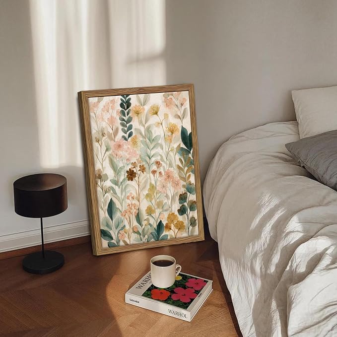 Framed Boho Floral Wall Art, Neutral Botanical Wildflower Canvas Wall Decor - Image 2