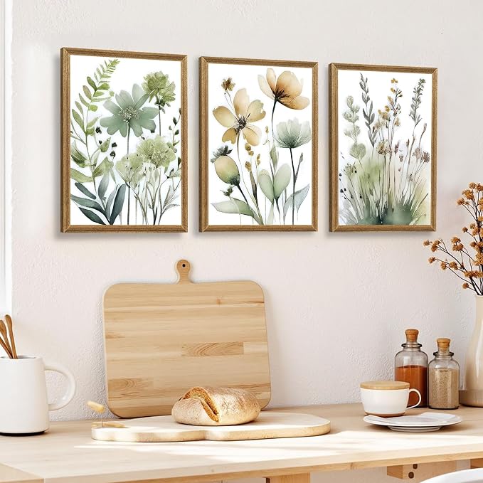 SYWENNOI Wood Framed Green Botanical Canvas Wall Art, Boho Floral Watercolor - Image 5