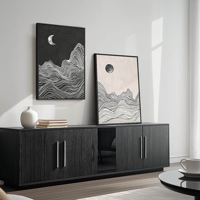 Large Framed Black and White Abstract Wall Art, Abstract Mountain and Moon - Image 2