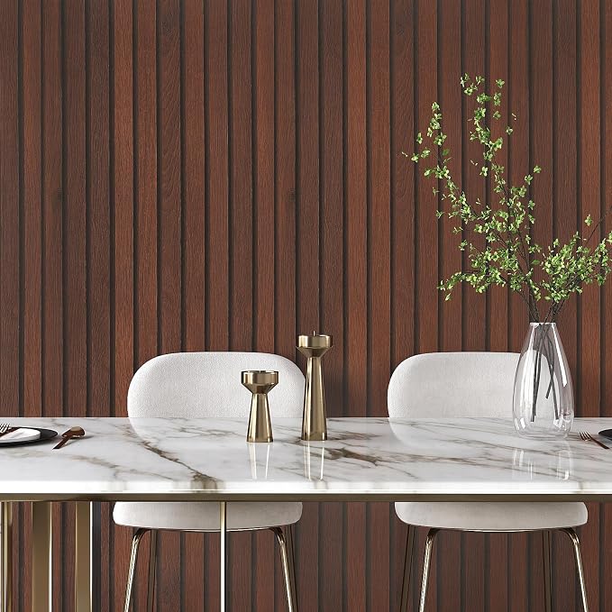 VEELIKE Dark Walnut Wood Slat Wallpaper Peel and Stick Wood Grain Panel - Image 2