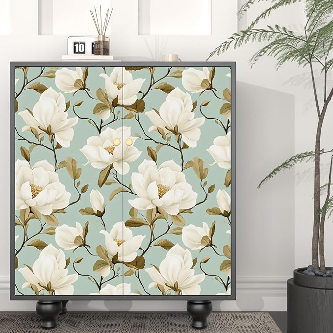 Modern Green White Flowers Wallpaper Blue Floral Peel and Stick Contact Paper - Image 2
