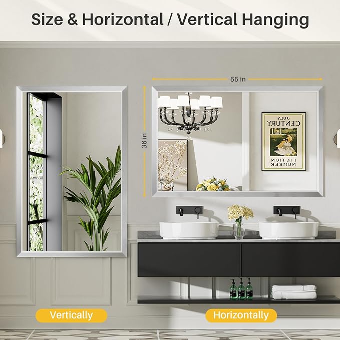 55x30 Inch Brushed Silver Bathroom Mirror - Image 5