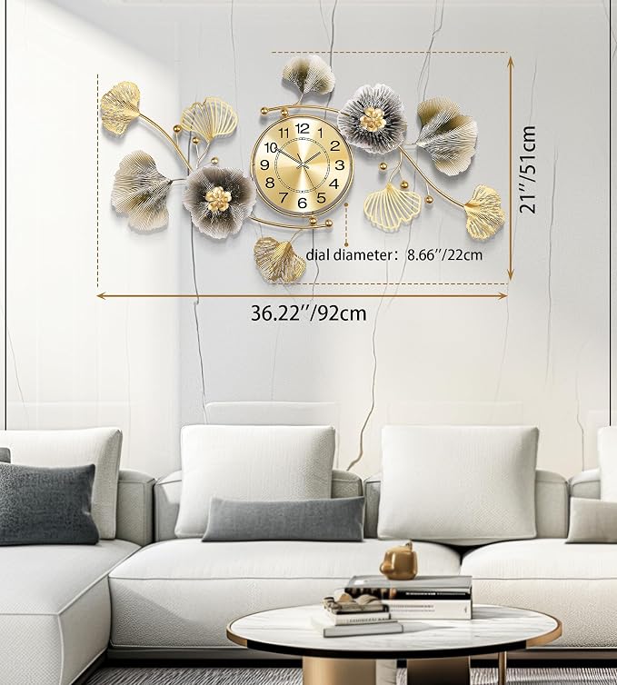 Wall Clocks for Living Room Decor, Large Wall Clock, 3D Creative Metal Ginkgo - Image 3